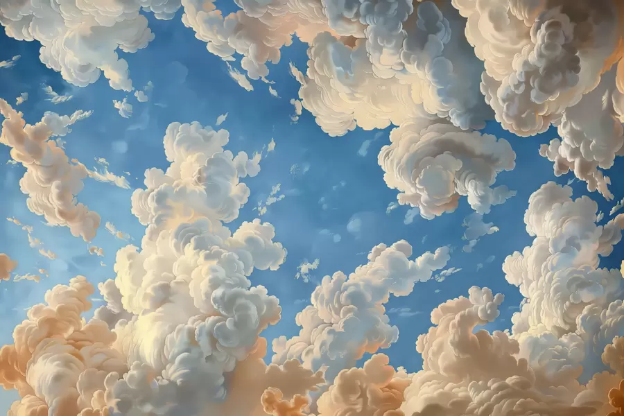 murales de pared Nubes ondulantes en cálidos tonos crema, melocotón suave y pálido, sobre un cielo azul intenso y vibrante w01583