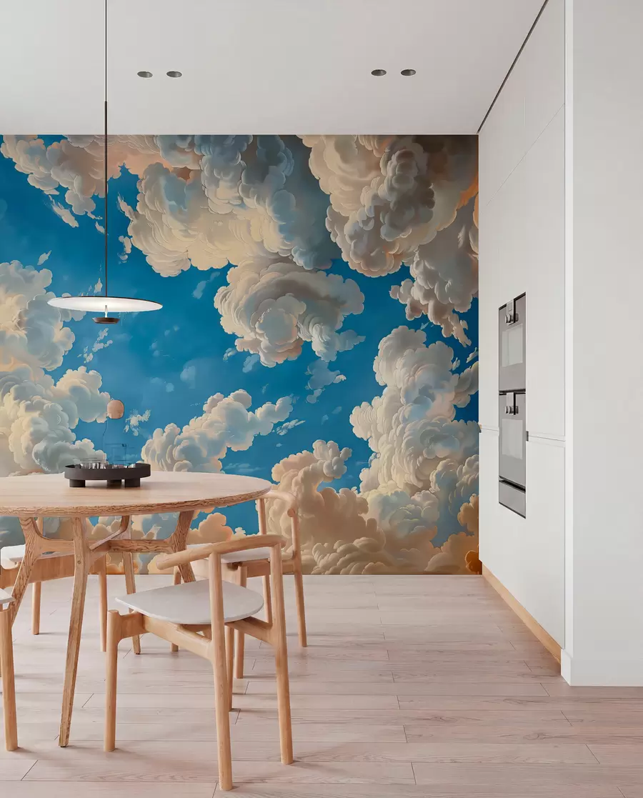 murales de pared Nubes ondulantes en cálidos tonos crema, melocotón suave y pálido, sobre un cielo azul intenso y vibrante w01583