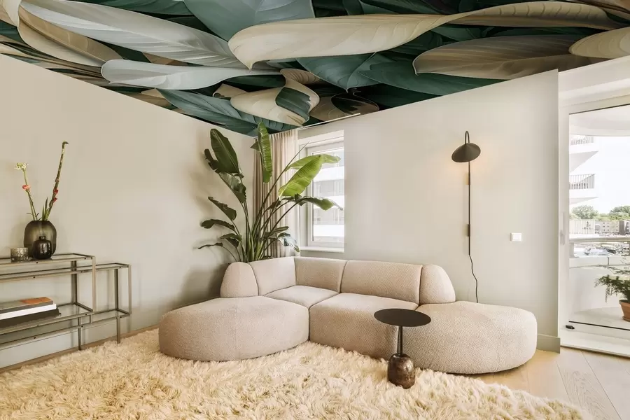 murales de pared Grandes hojas tropicales en colores verde y beige w01587v1