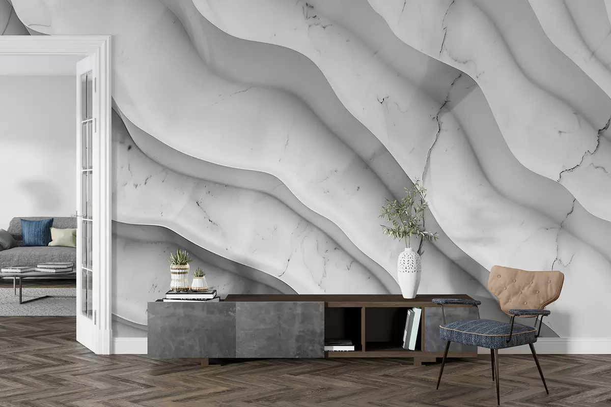 murales de pared Composición abstracta de texturas suaves y onduladas similares al mármol en tonos claros de blanco y gris w01588