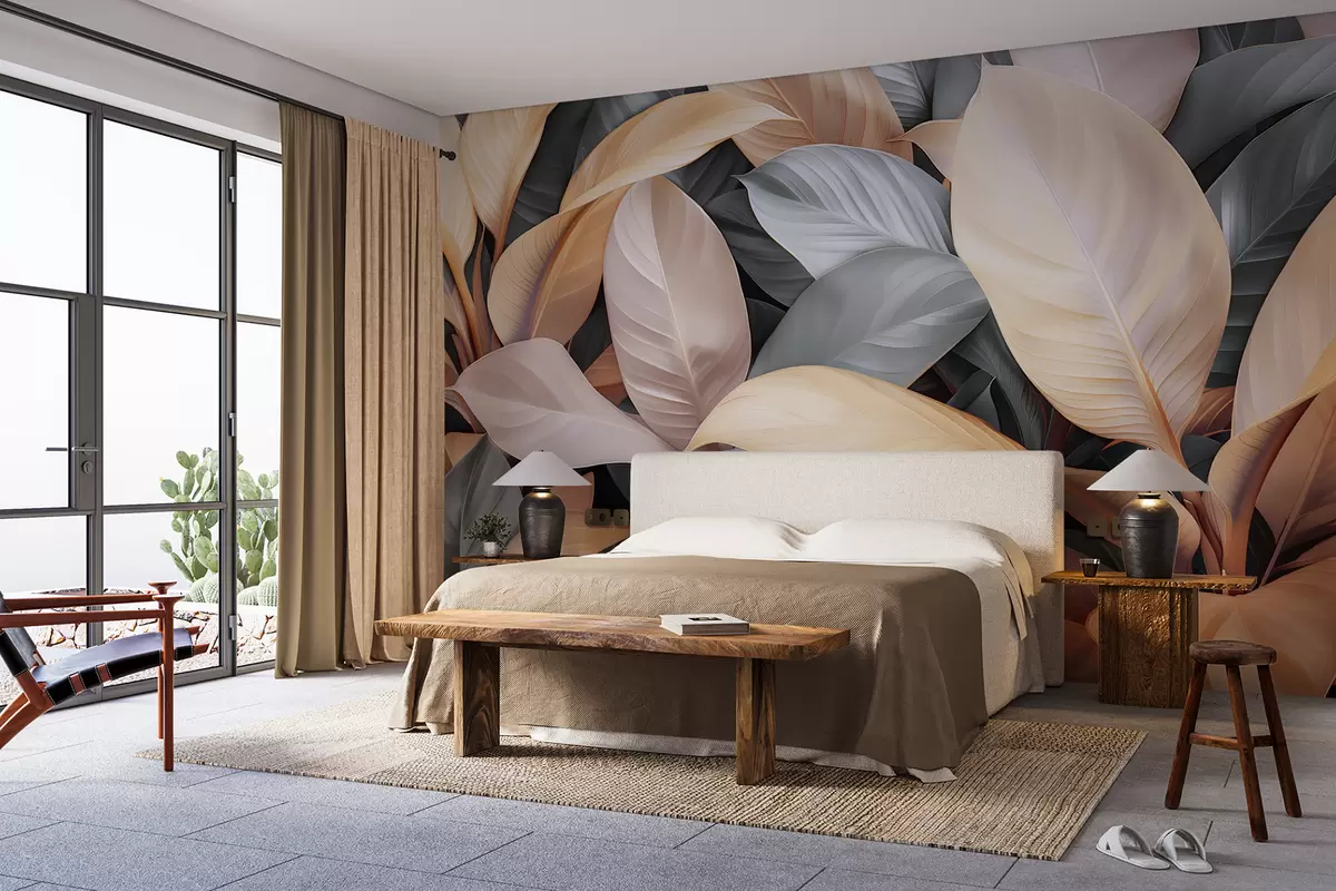 murales de pared Grandes hojas tropicales en colores azul y beige w01587v2