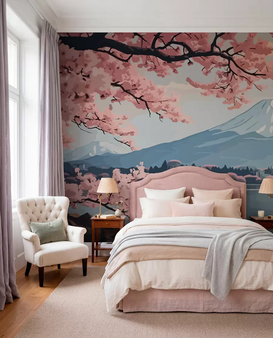 murales de pared Sakura, montañas, acuarela w01664