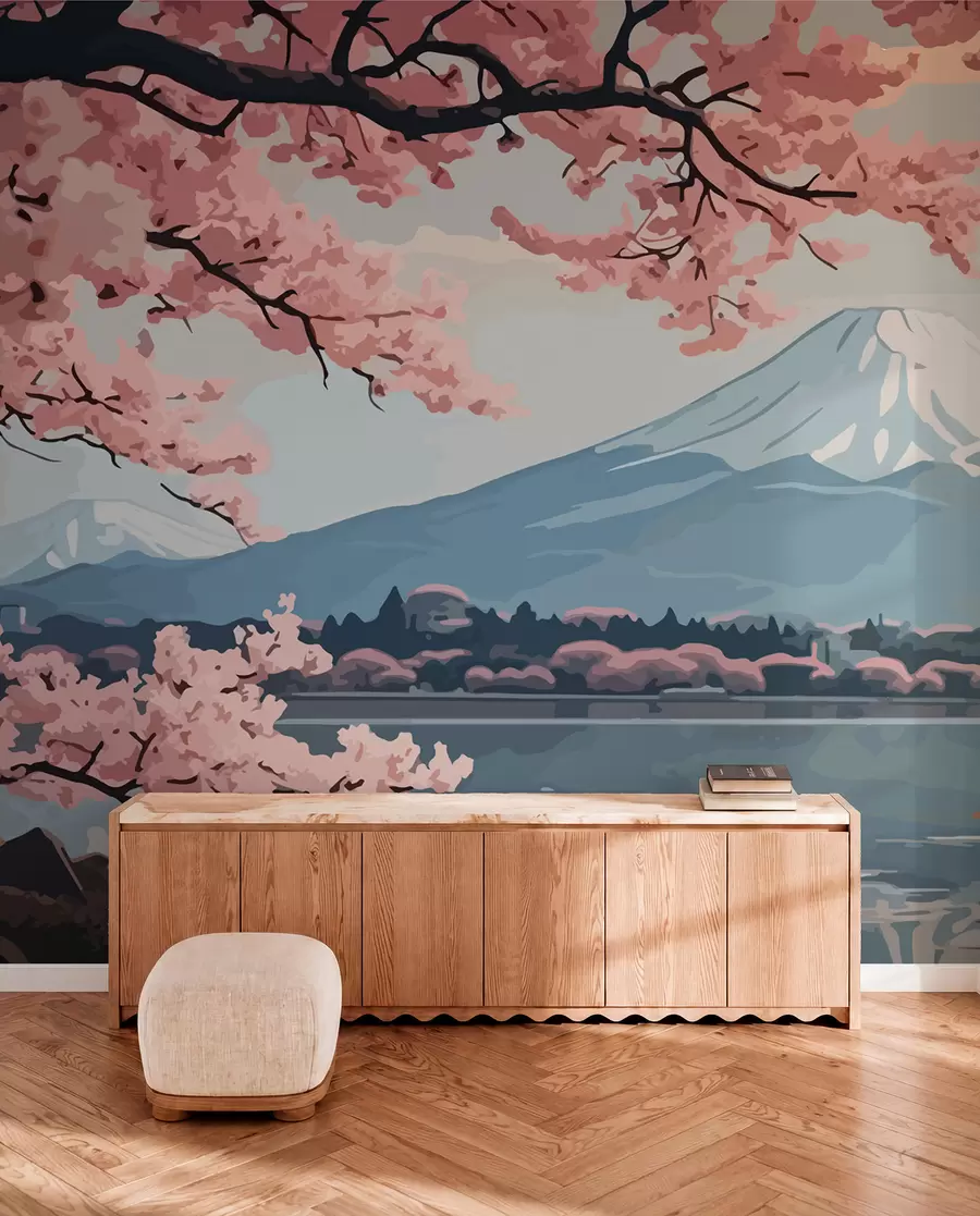 murales de pared Sakura, montañas, acuarela w01664