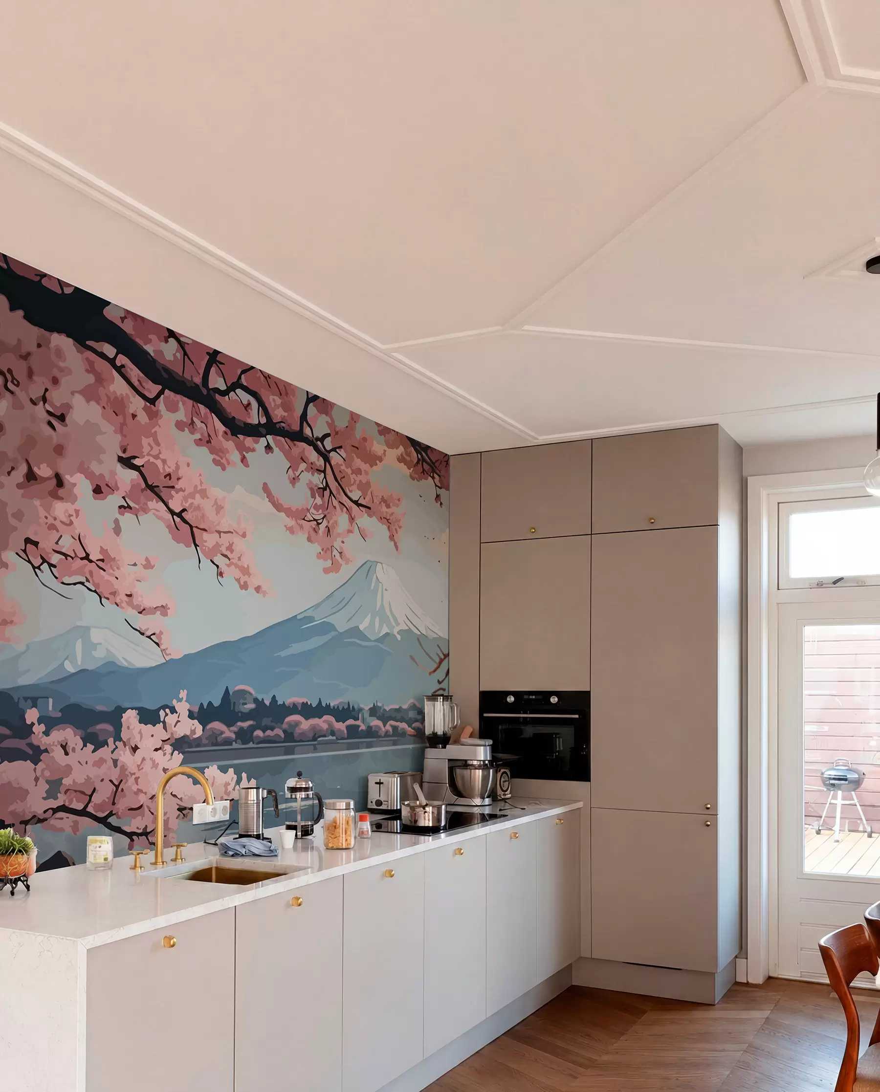 murales de pared Sakura, montañas, acuarela w01664