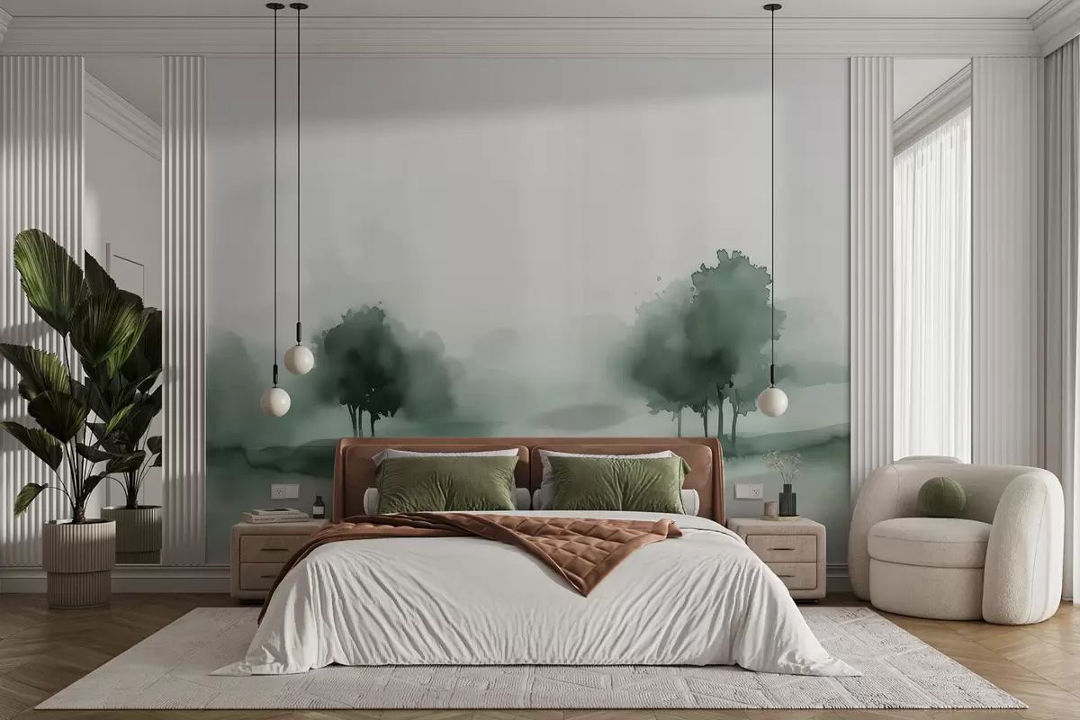 murales de pared Acuarela minimalista en tonos verdes w01655
