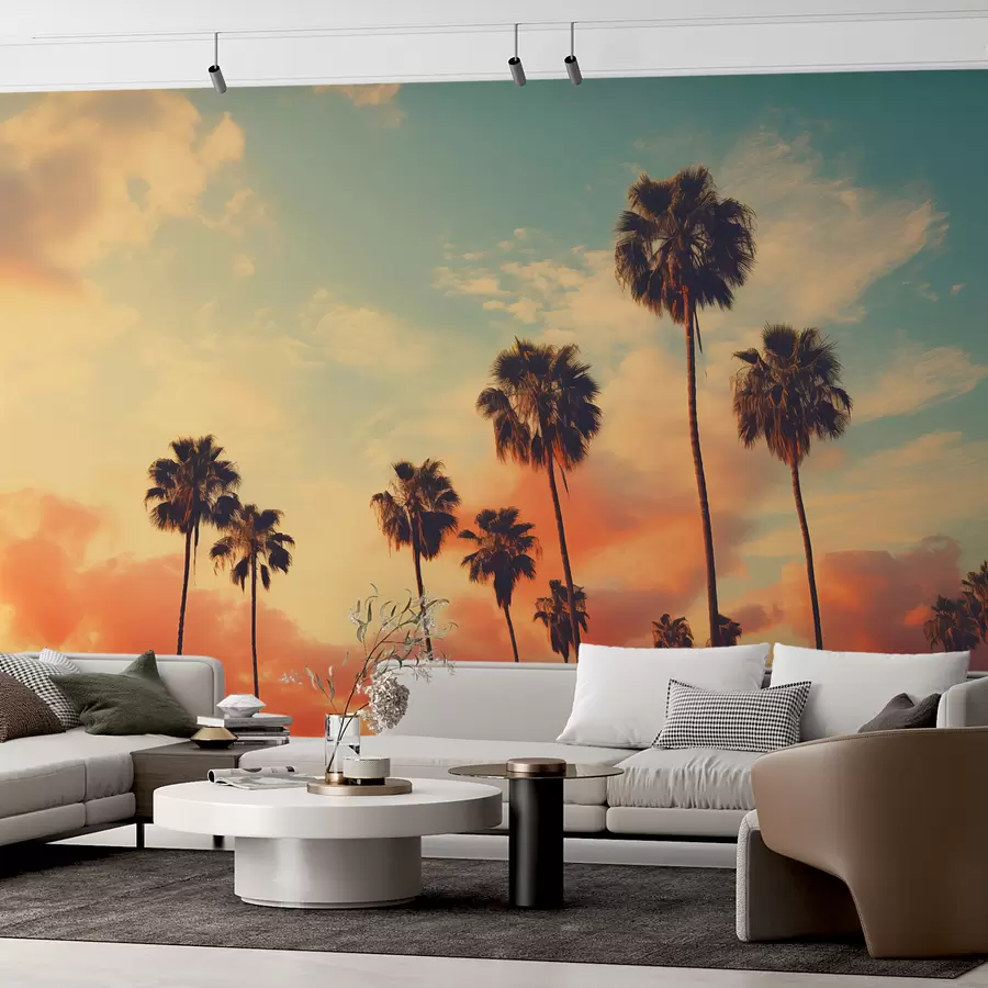 murales de pared Palmeras contra el cielo del atardecer, color naranja y azul w01652