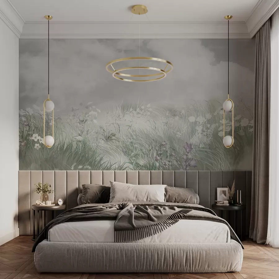 murales de pared Flores silvestres y hierbas con cielo gris y nubes w01624v3