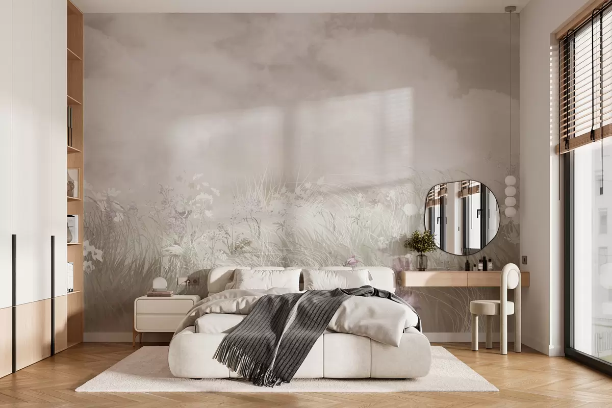murales de pared Flores silvestres y hierbas con cielo y nubes rosa pálido w01624v4