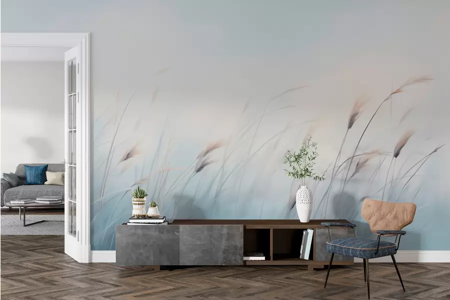 murales de pared Delicadas hierbas de campo sobre fondo azul w01643