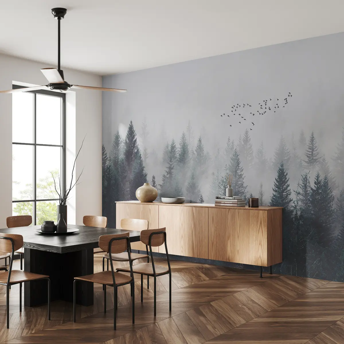 murales de pared Aves voladoras sobre el bosque brumoso u28636