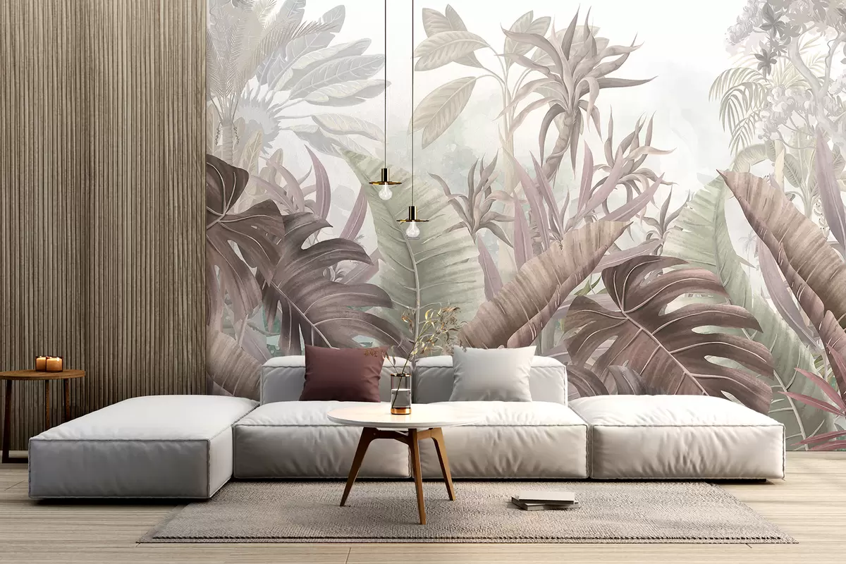 murales de pared Una jungla tropical con grandes hojas de palmera y plantas exóticas en tonos grises, blancos y beige w08307