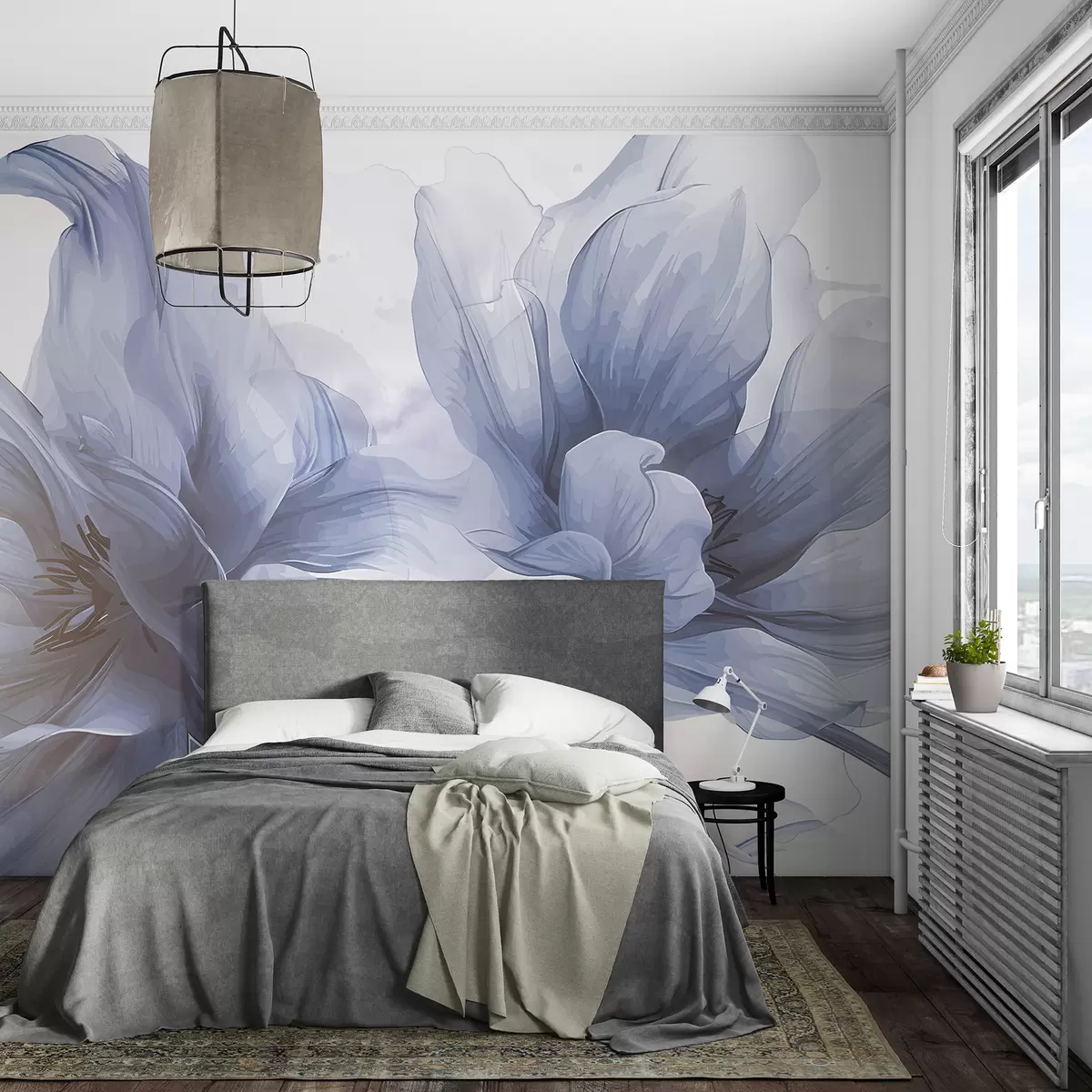 murales de pared Suaves y etéreas flores de dalia azules y blancas con delicados pétalos en capas sobre un fondo difuminado w08308