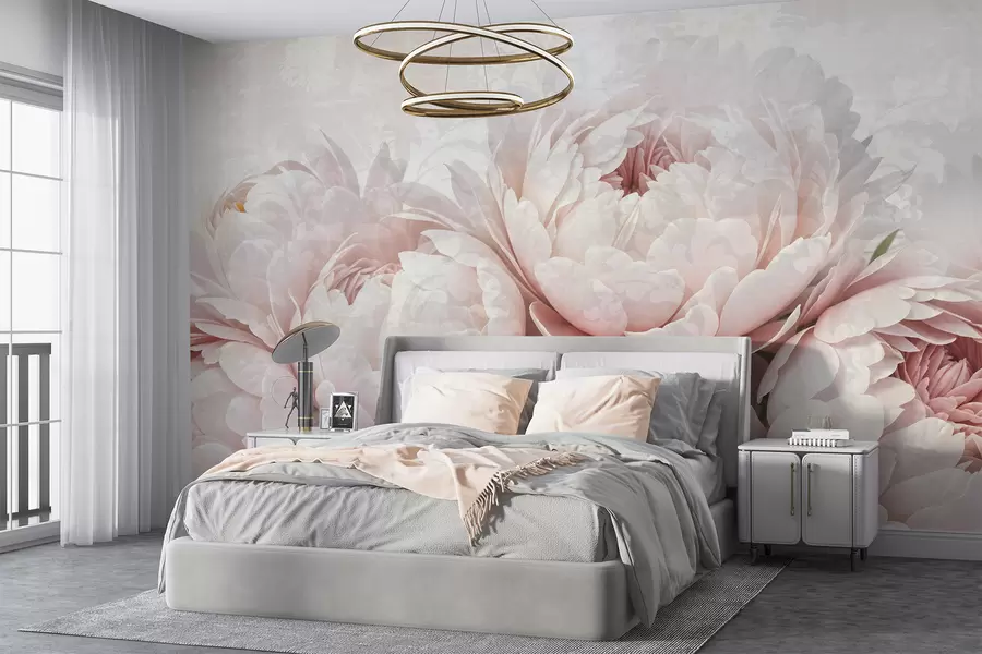 murales de pared Peonías de color rosa suave con delicados pétalos sobre un fondo vintage de textura ligera w08312