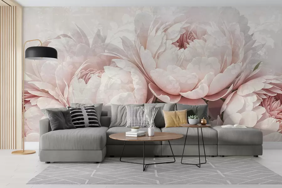 murales de pared Peonías de color rosa suave con delicados pétalos sobre un fondo vintage de textura ligera w08312