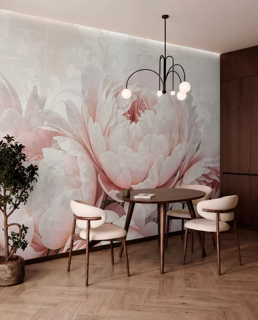 murales de pared Peonías de color rosa suave con delicados pétalos sobre un fondo vintage de textura ligera w08312