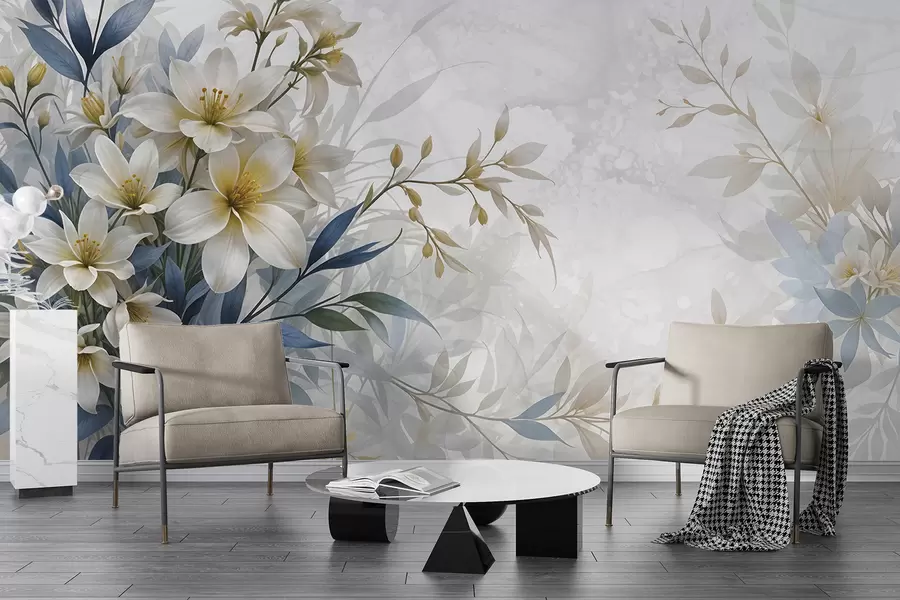 murales de pared Ramo floral blanco, beige y azul con delicadas hojas sobre un fondo suave y difuminado w08314