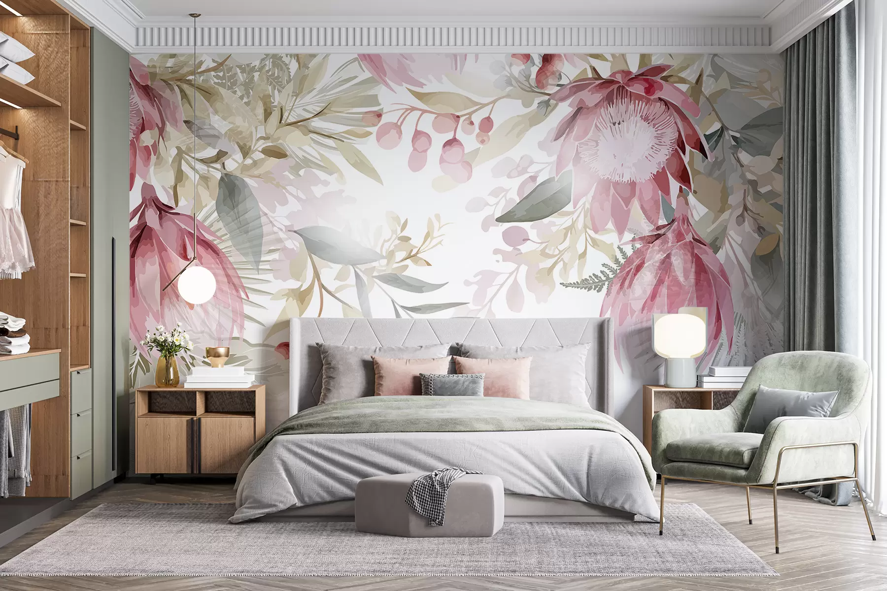 murales de pared Grandes proteas rosas y blancas transparentes con exuberantes hojas verdes sobre un fondo claro w08315