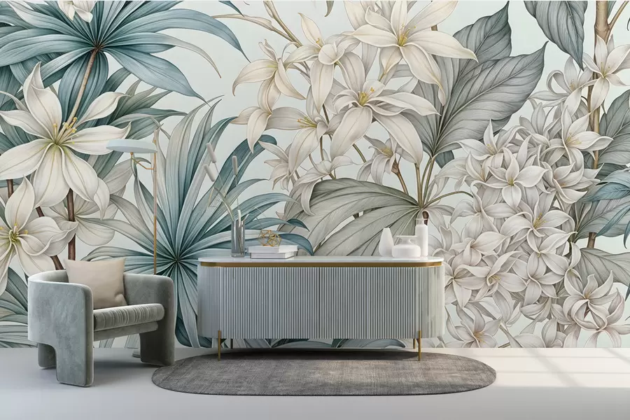 murales de pared Estampado floral tropical con grandes flores blancas y azul claro, hojas verdes y fondo neutro w08318