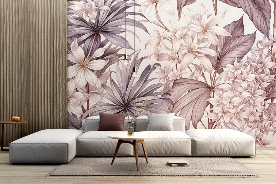 murales de pared Estampado floral tropical con grandes flores blancas y rosa claro, hojas de bordo y fondo neutro w08318v1