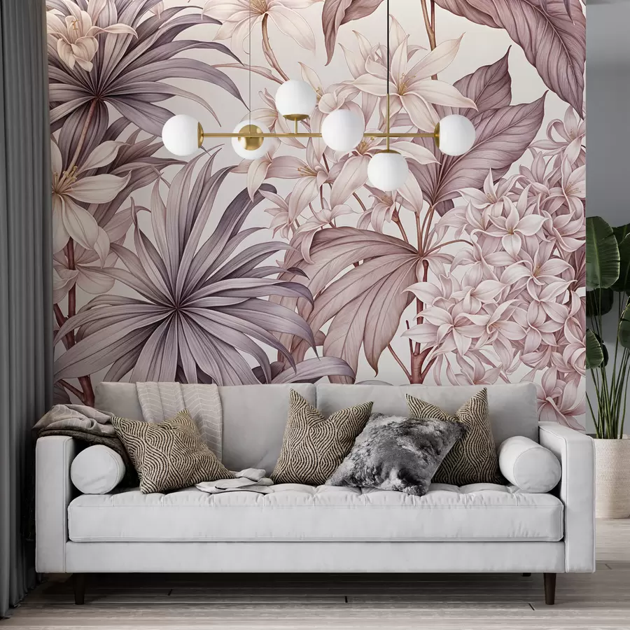 murales de pared Estampado floral tropical con grandes flores blancas y rosa claro, hojas de bordo y fondo neutro w08318v1