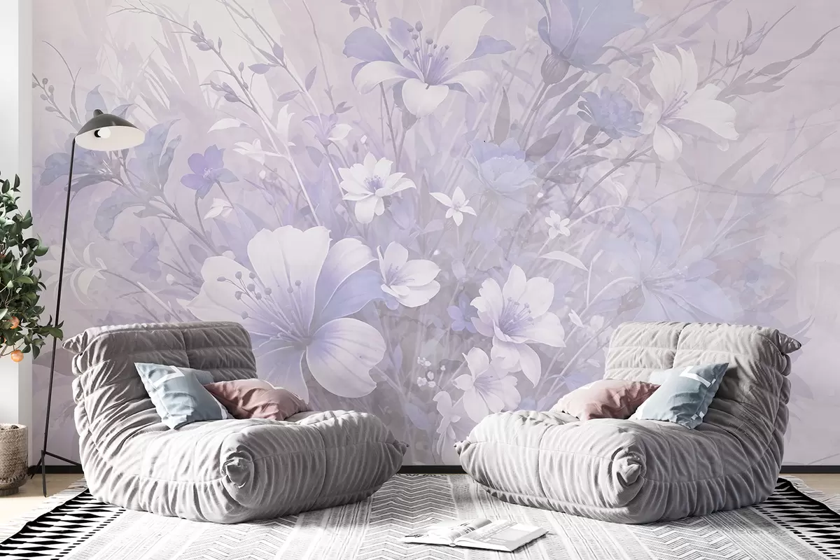 murales de pared Arreglo floral en tonos pastel con delicadas flores blancas y violetas sobre un fondo claro w08320v1