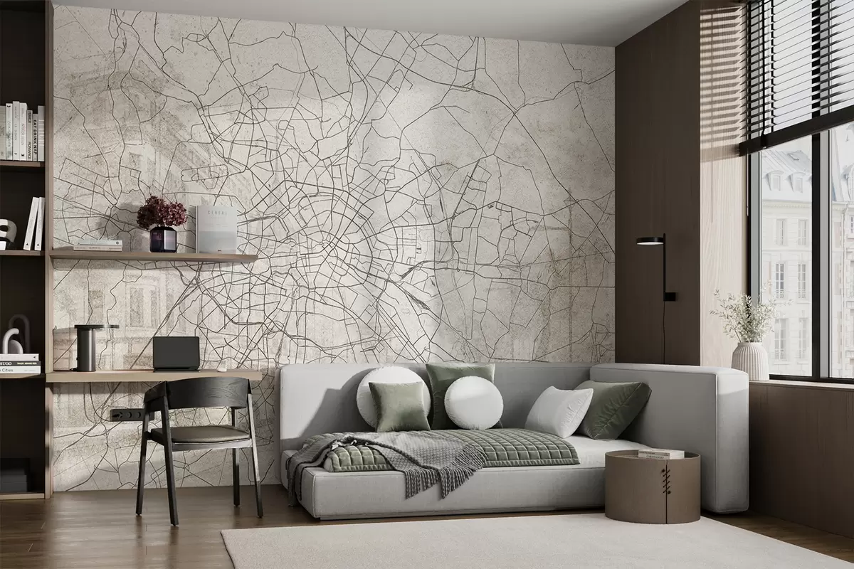murales de pared Mapa de la ciudad de Berlín, dibujo lineal, arquitectura, Alemania, colores beige w01696
