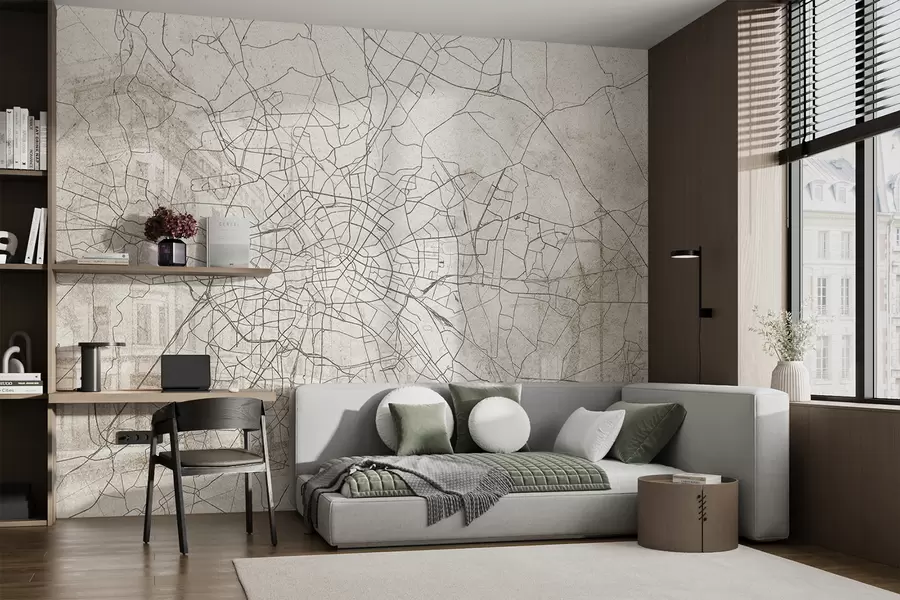 murales de pared Mapa de la ciudad de Berlín, dibujo lineal, arquitectura, Alemania, colores beige w01696