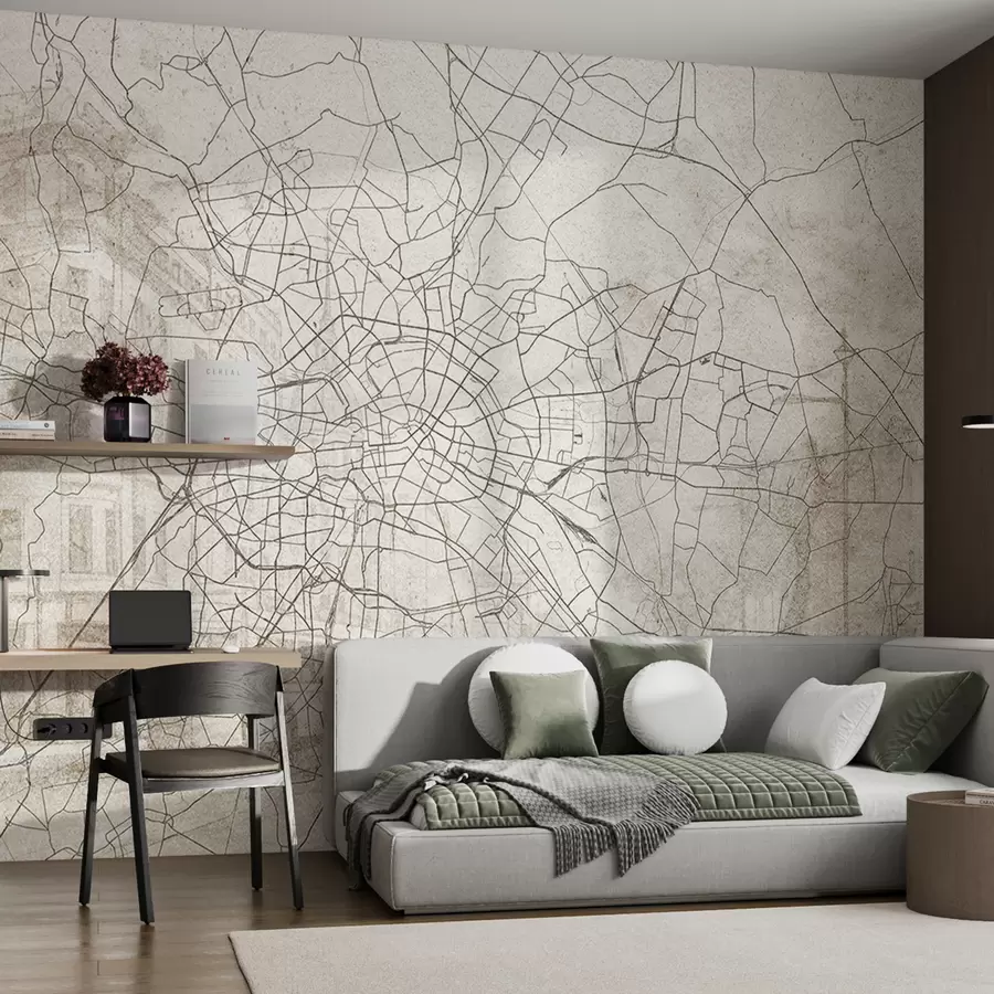 murales de pared Mapa de la ciudad de Berlín, dibujo lineal, arquitectura, Alemania, colores beige w01696