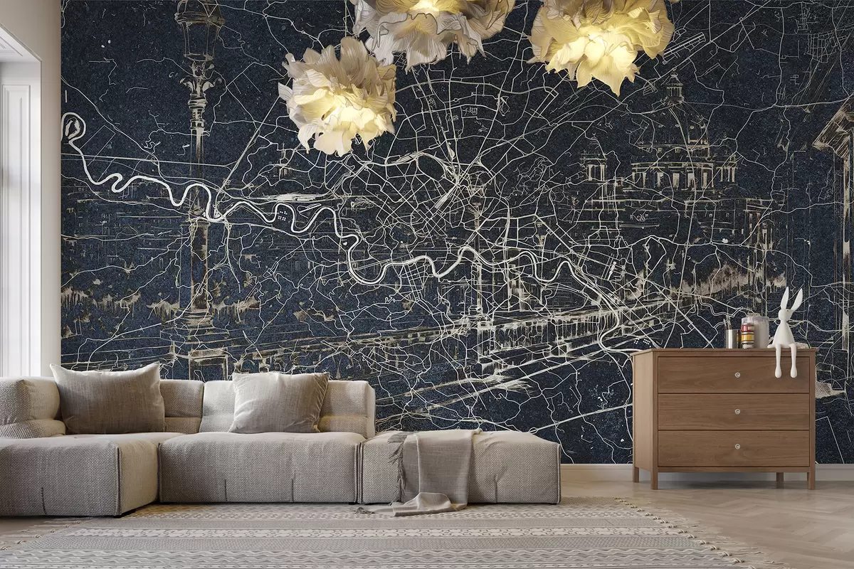 murales de pared Mapa de la ciudad de Roma, dibujo lineal, arquitectura, Italia, colores oscuros w01698v1