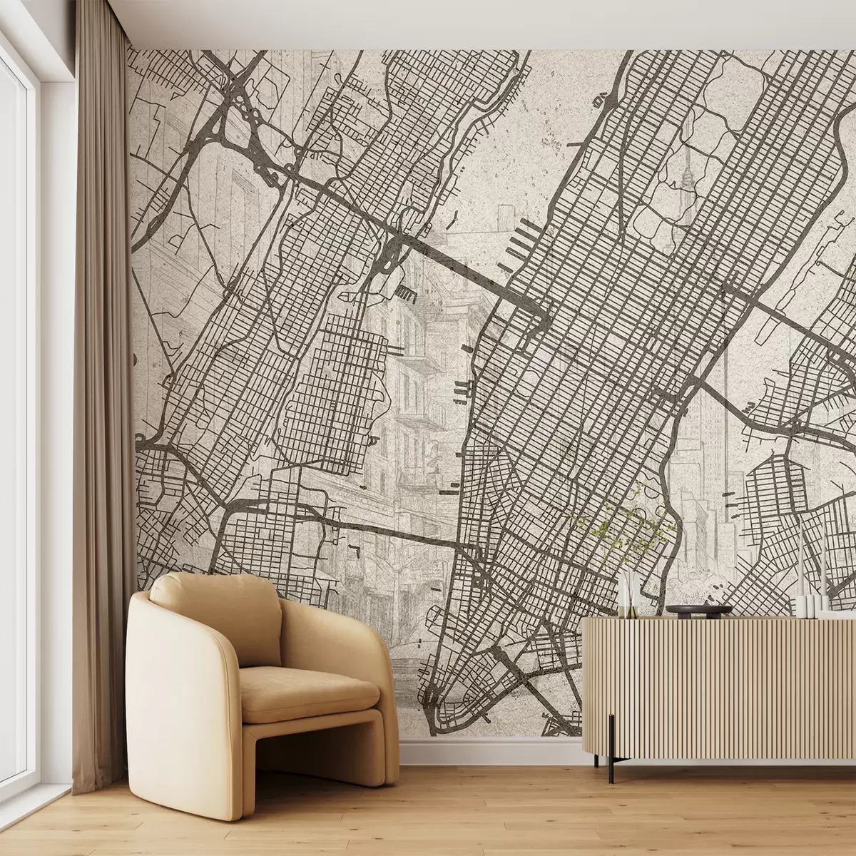 murales de pared Mapa de la ciudad de Nueva York, dibujo lineal, arquitectura, colores beige w01699