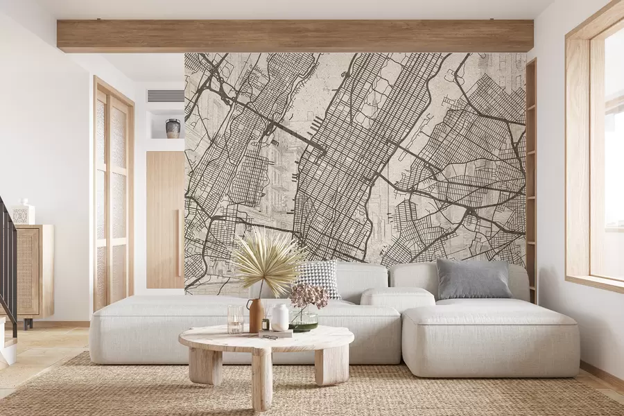 murales de pared Mapa de la ciudad de Nueva York, dibujo lineal, arquitectura, colores beige w01699