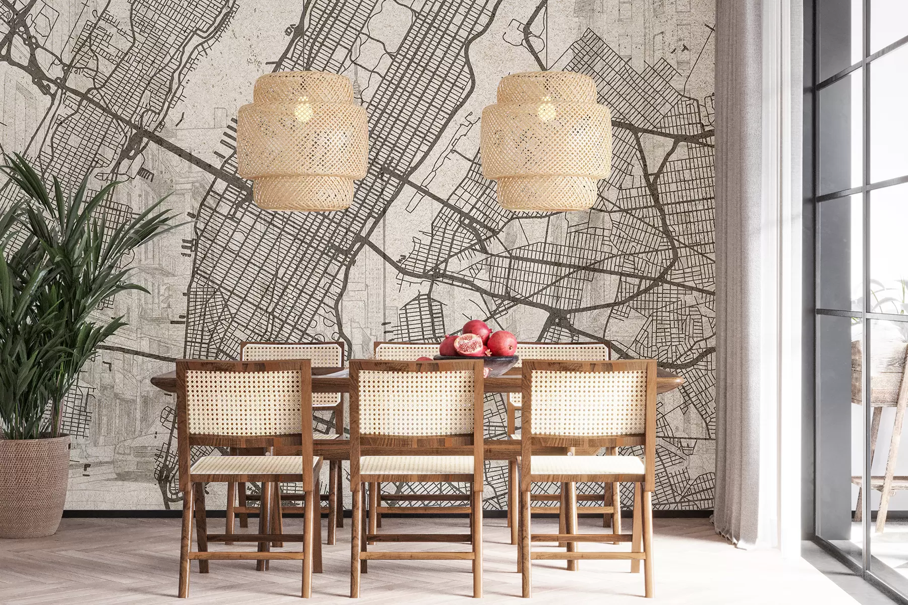 murales de pared Mapa de la ciudad de Nueva York, dibujo lineal, arquitectura, colores beige w01699