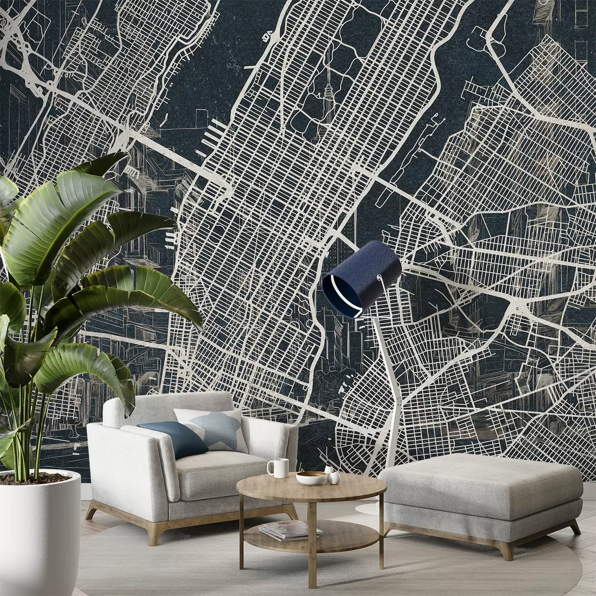 murales de pared Mapa de la ciudad de Nueva York, dibujo lineal, arquitectura, colores oscuros w01699v1