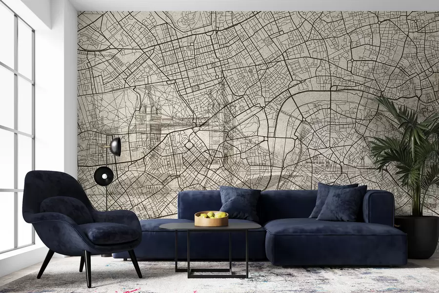 murales de pared Mapa de la ciudad de Londres, dibujo lineal, arquitectura, colores beige w01702