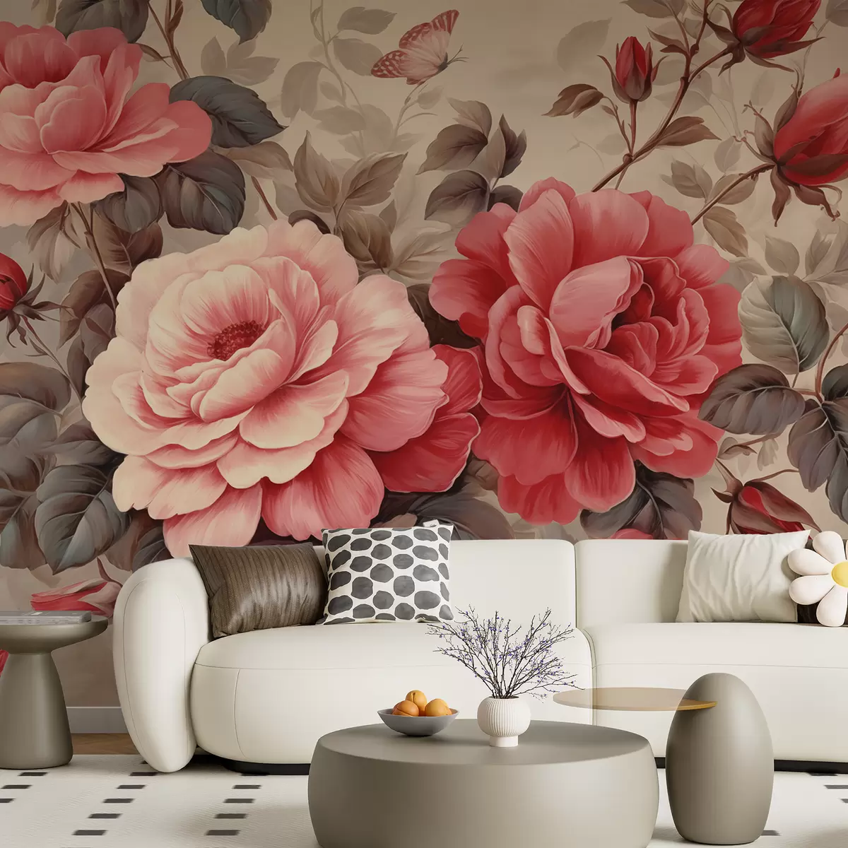 murales de pared Flores de estilo vintage, color rosa, rojo w01735