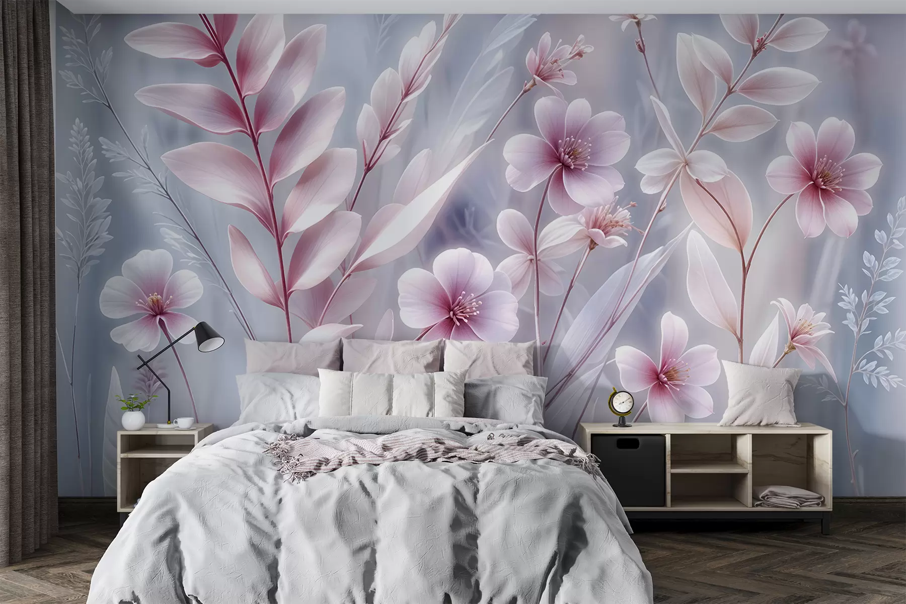 murales de pared Delicadas flores rosas con suaves pétalos y hojas sobre un fondo abstracto gris pálido w08323