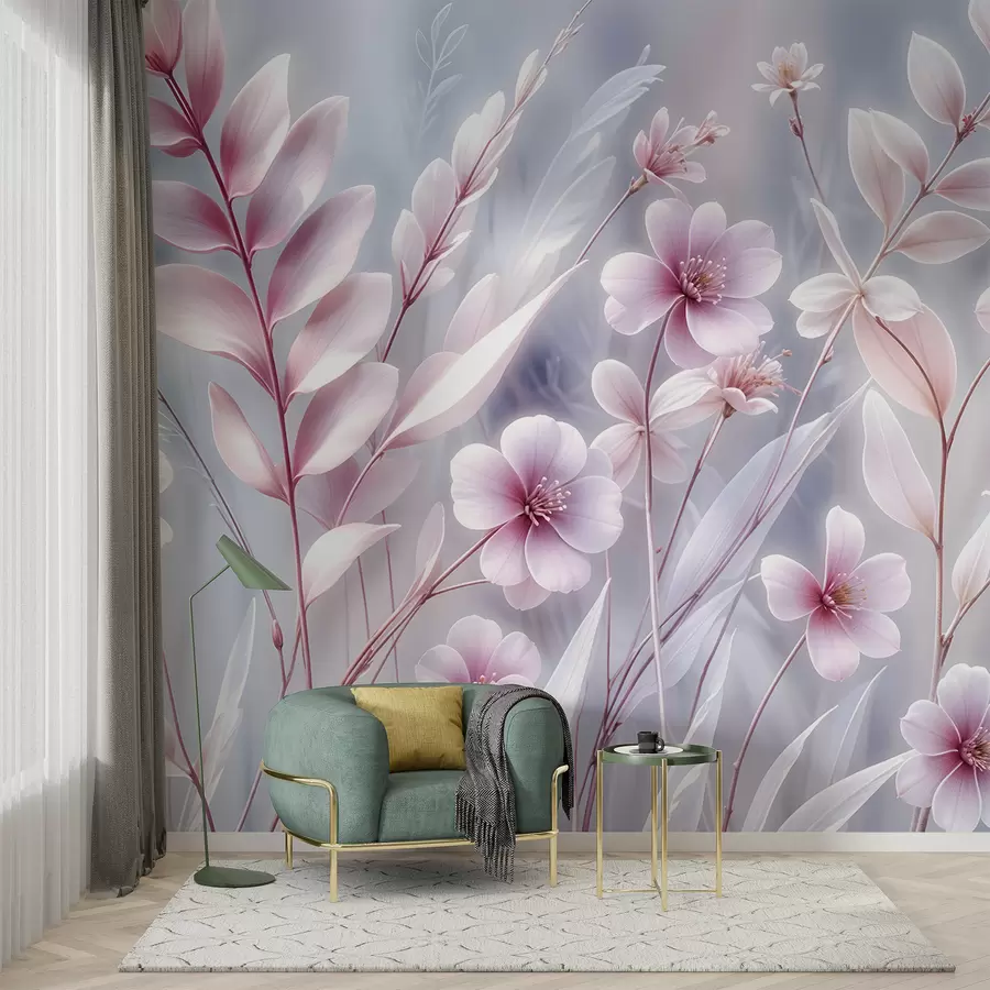 murales de pared Delicadas flores rosas con suaves pétalos y hojas sobre un fondo abstracto gris pálido w08323