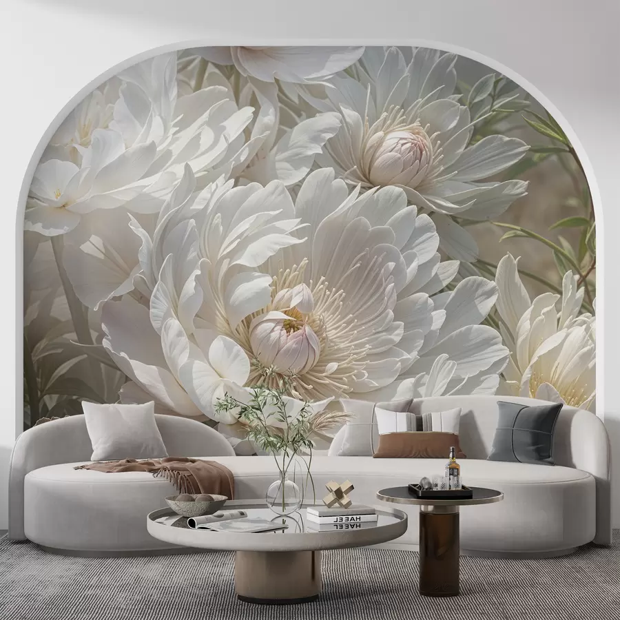 murales de pared Primer plano de grandes y delicadas flores blancas de peonía con pétalos suaves y esponjosos y centros de color amarillo pálido  w08325