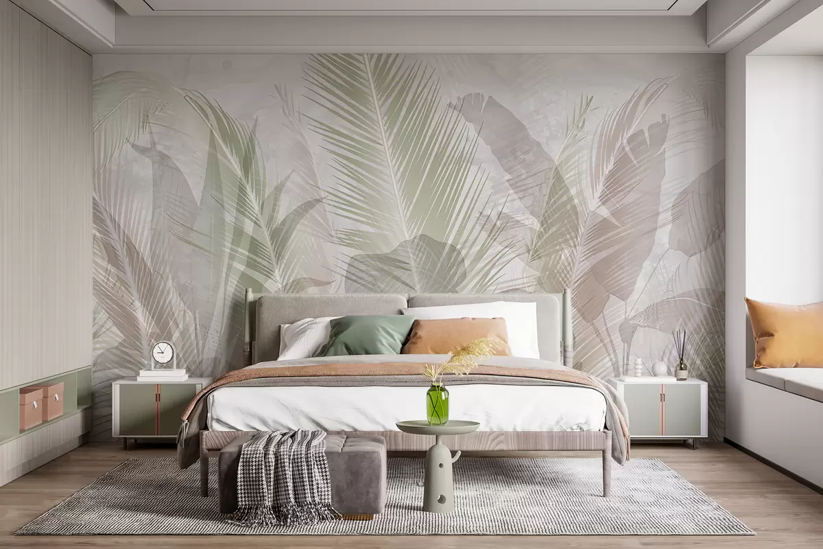 murales de pared Hojas de palmera tropical en suaves colores pastel, con un fondo de textura borrosa y nebulosa w08326