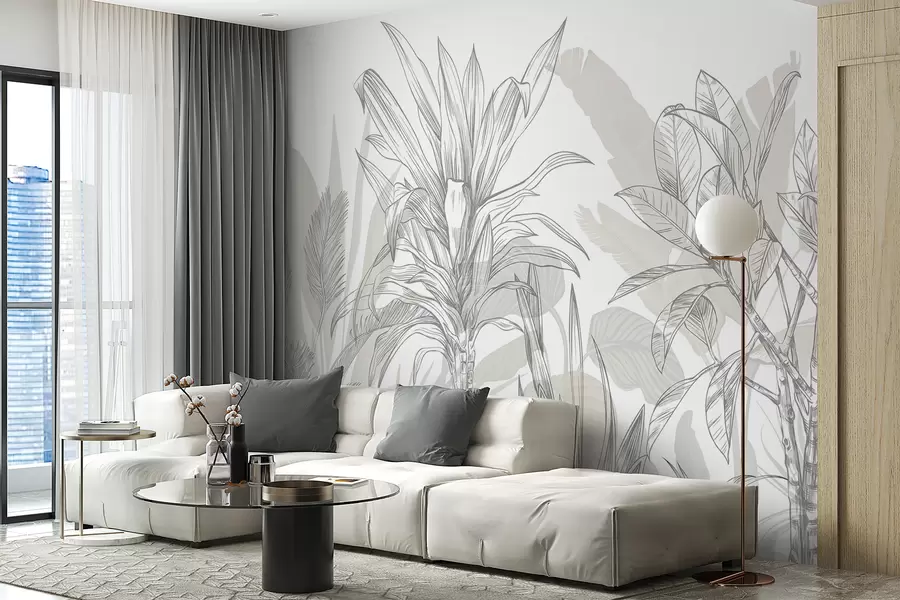 murales de pared Un gráfico de plantas tropicales con grandes y exuberantes hojas y flores en tonos grises y blancos con siluetas florales verdes  w08327