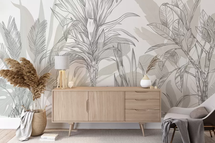 murales de pared Un gráfico de plantas tropicales con grandes y exuberantes hojas y flores en tonos grises y blancos con siluetas florales verdes  w08327