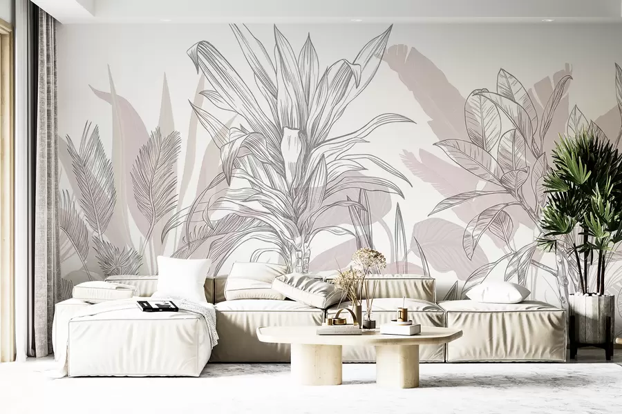 murales de pared Un gráfico de plantas tropicales con grandes y exuberantes hojas y flores en tonos grises y blancos con siluetas florales rosas  w08327v1