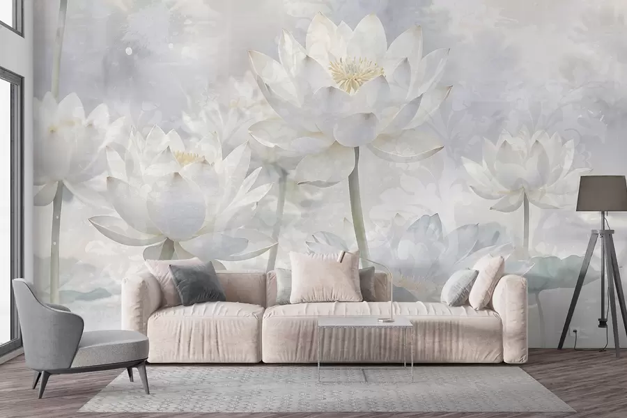 murales de pared Flores de loto blancas en un etéreo fondo de paisaje abstracto en colores pastel w08328