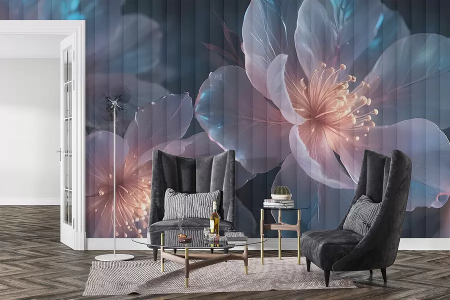 murales de pared Delicadas flores rosas y azules transparentes con pétalos suaves y difuminados y centros brillantes sobre un fondo oscuro w08329