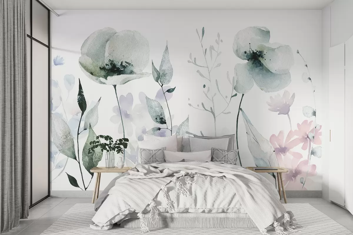 murales de pared Flores de acuarela en tonos pastel con delicados pétalos y hojas, en tonos grises, blancos y rosa claro sobre fondo blanco w08332