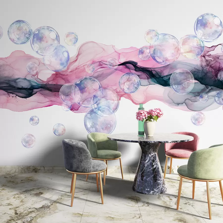 murales de pared Coloridas formas fluidas abstractas con burbujas, remolinos de tonos rosas, azules y morados sobre fondo blanco w08337