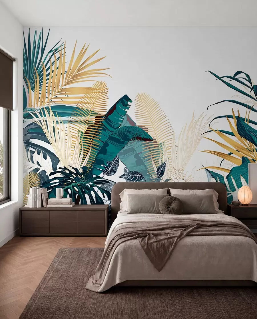 murales de pared Un exuberante follaje verde tropical, que incluye hojas de palmera, helechos y otras plantas exóticas de colores verde oscuro y naranja w08338