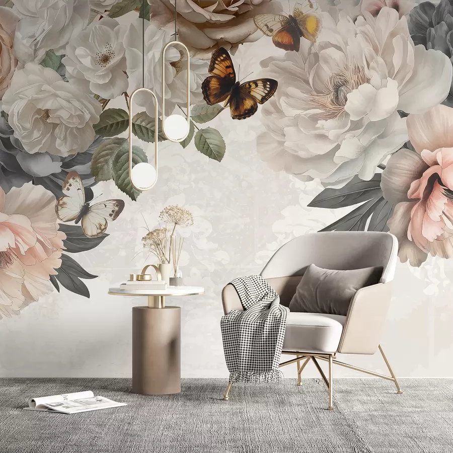 murales de pared Grandes flores de peonía blancas y rosas con una mariposa posada en una de las flores sobre un fondo suave y difuminado w08340