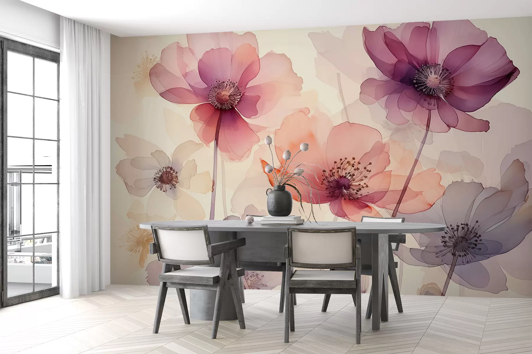 murales de pared Flores translúcidas acuarela húmeda w01774