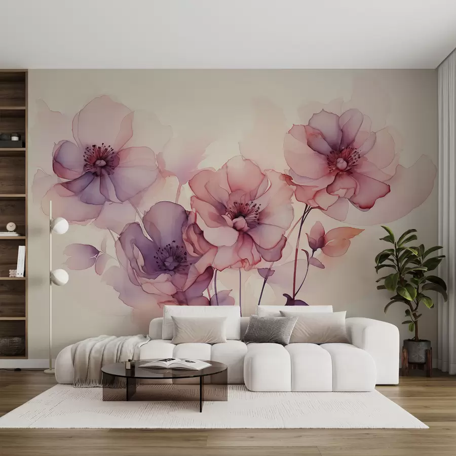 murales de pared Flores translúcidas de acuarela húmeda, color rosa púrpura w01776